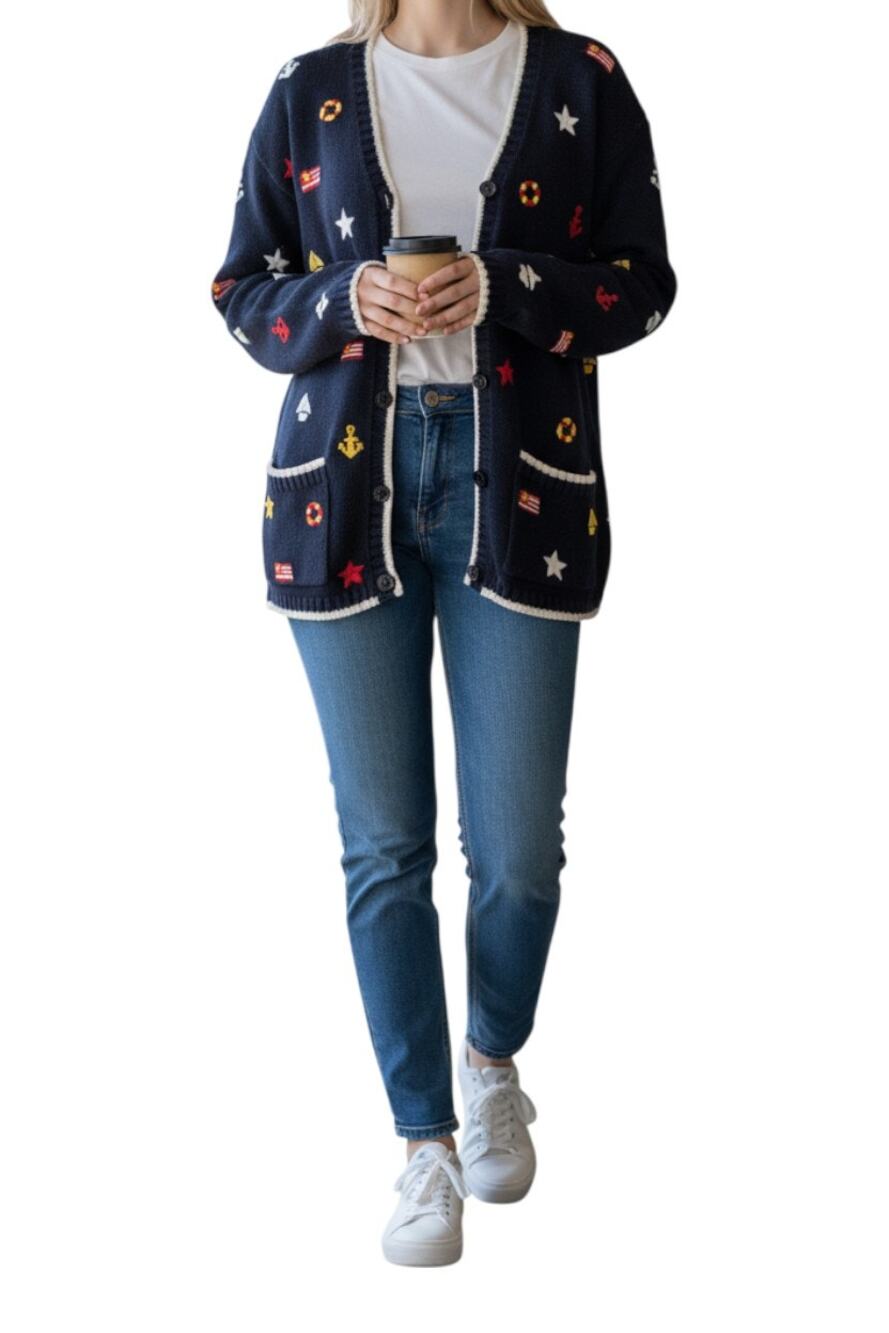 Marisa Christina Red Blue Nautical Sailing Motif Vintage Cardigan Sweater Large